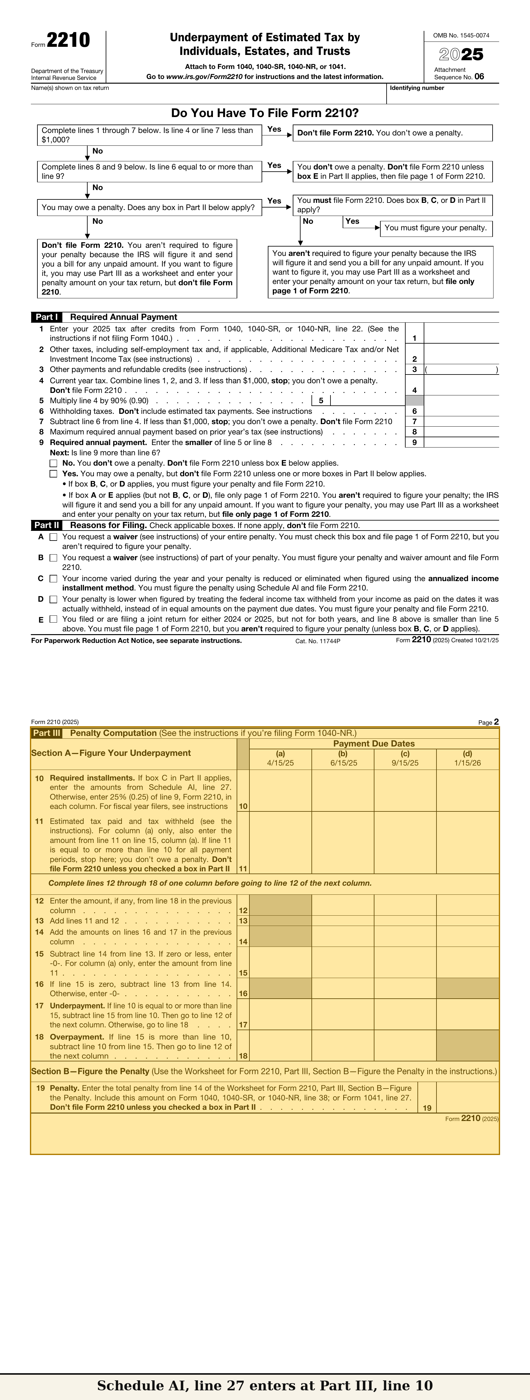 Form 2210 (2025) page 1, Parts I–III visible as a map; Part III highlighted