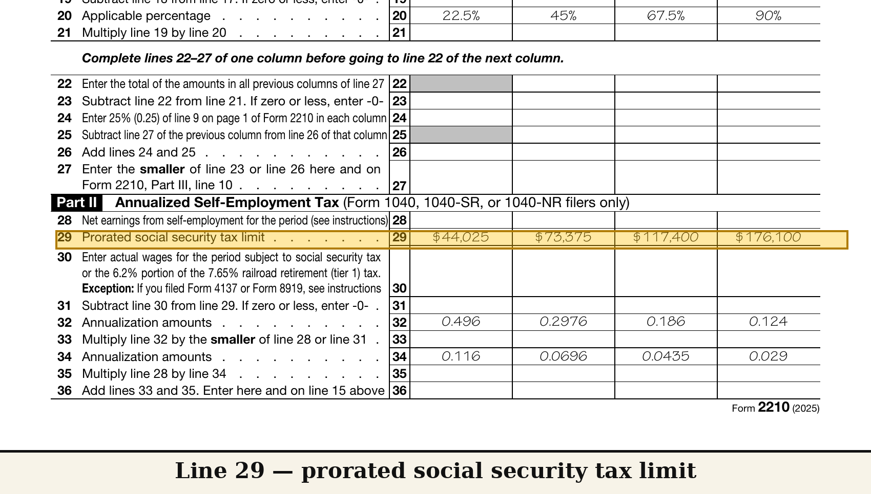Schedule AI (2025) Part II zoomed — line 29, prorated social security tax limit