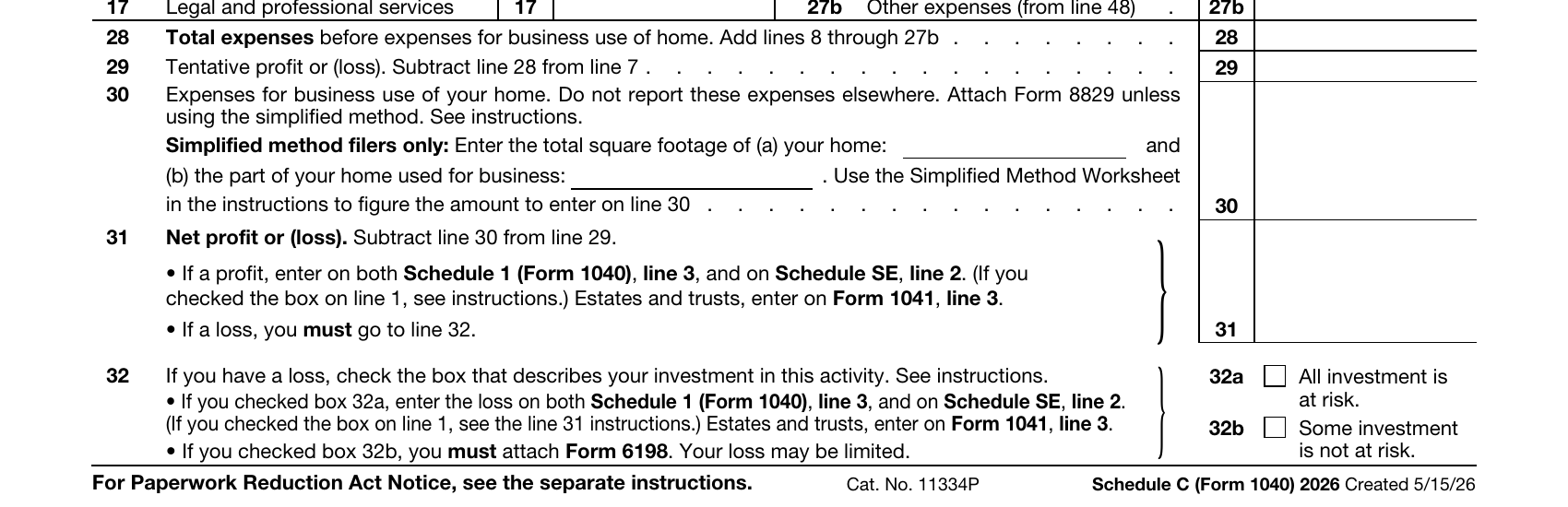 Part II bottom (draft) — lines 28–31 filled in sequence; arrows from line 31 to "Schedule 1, line 3" and "Schedule SE, line 2"