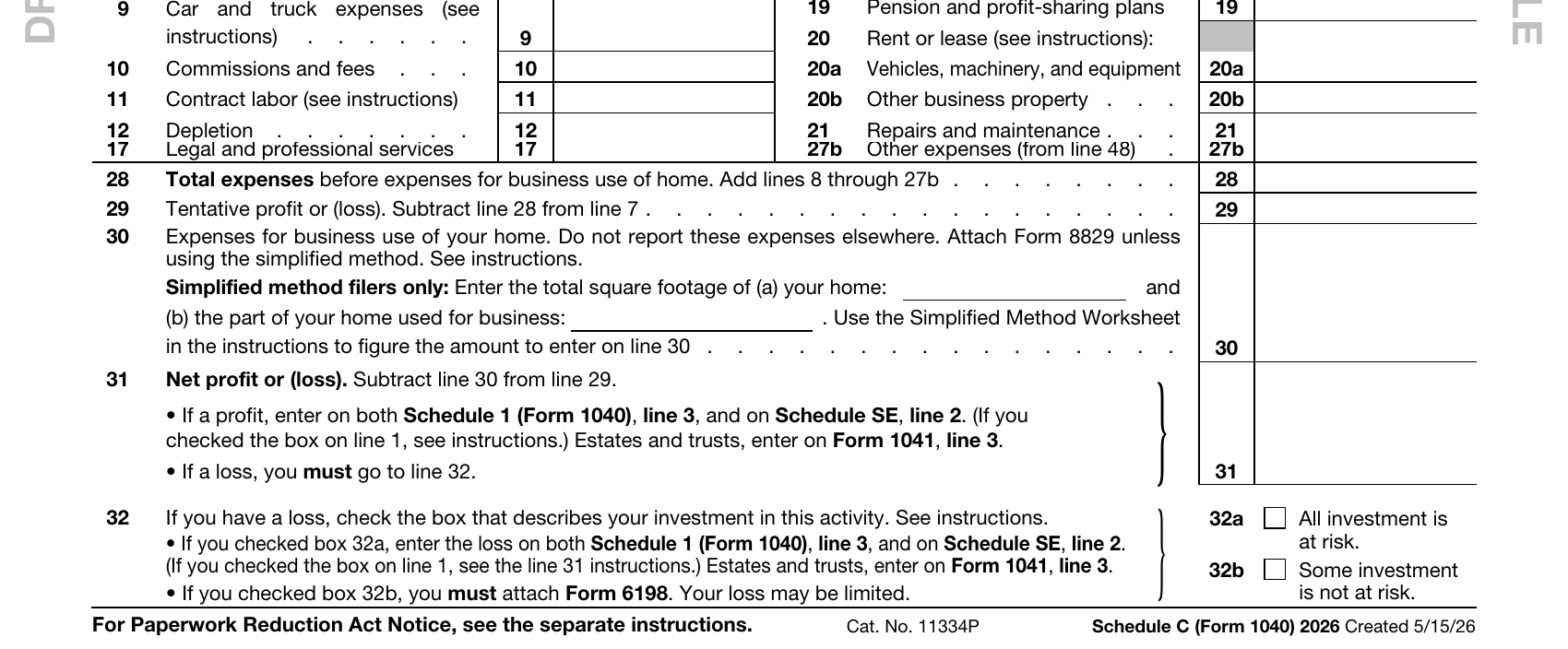 Schedule C (draft), Part II — line 9 highlighted, then the line 28 → 29 → 31 flow at the bottom of the page