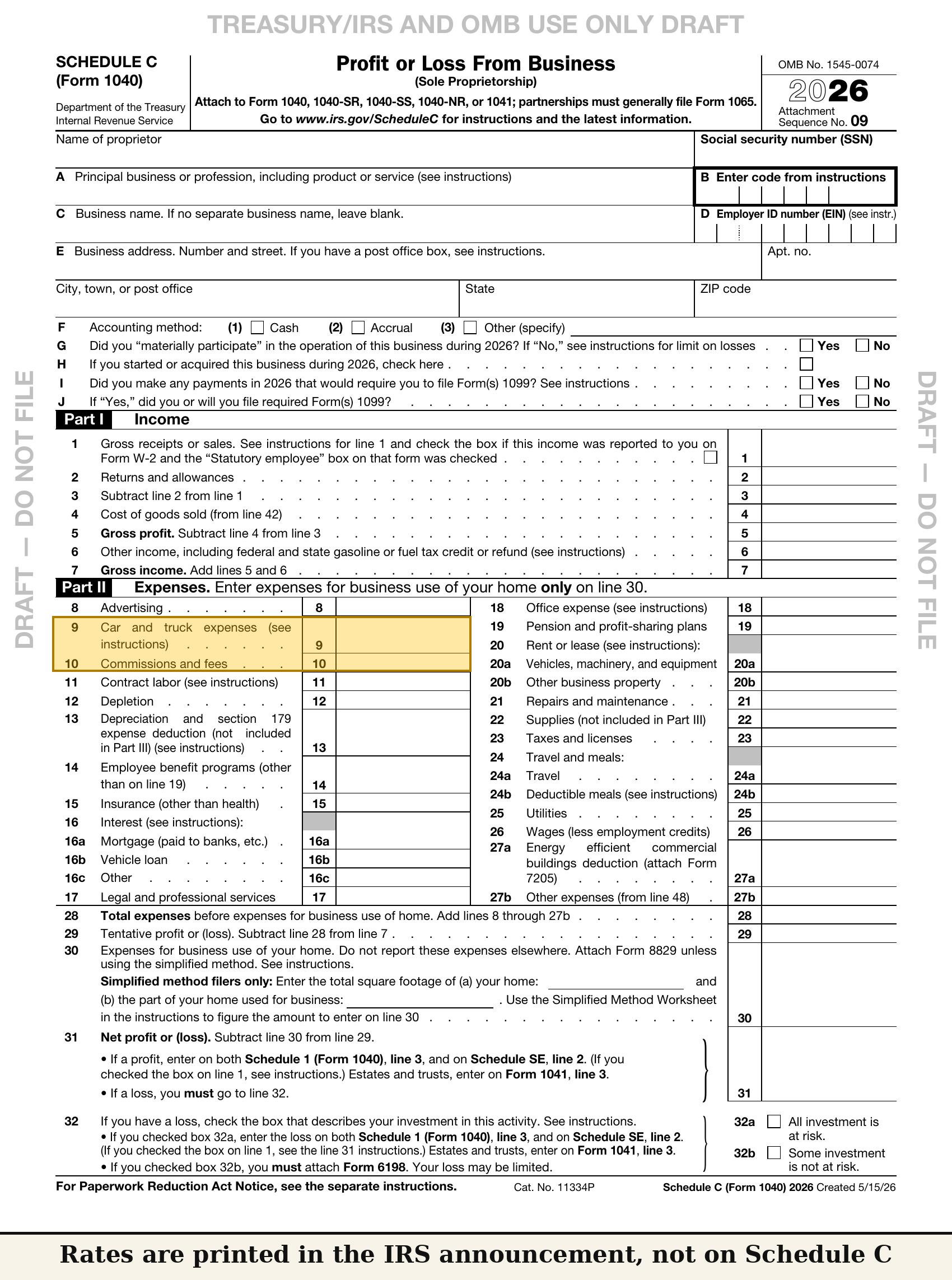 Schedule C full-page draft, greyed, with three callouts: "Rates are printed in the IRS announcement, not on Schedule C" / "Part IV asks about evidence — it does not create the record" / "State taxes: not covered"