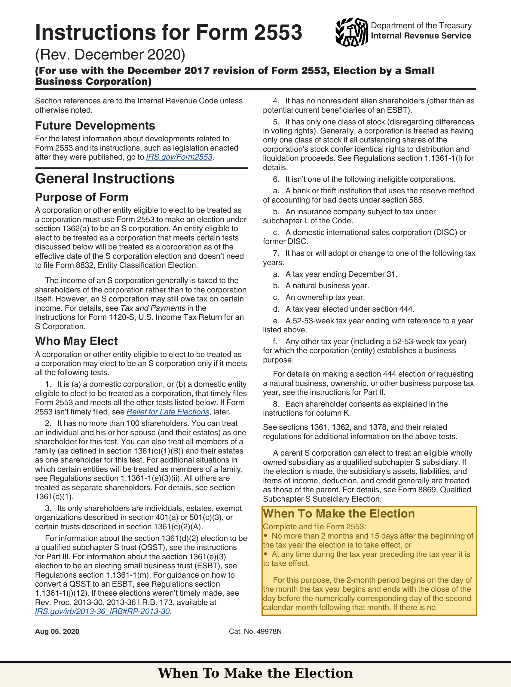 Instructions for Form 2553, "When To Make the Election" (p. 1) — the rule sentence highlighted